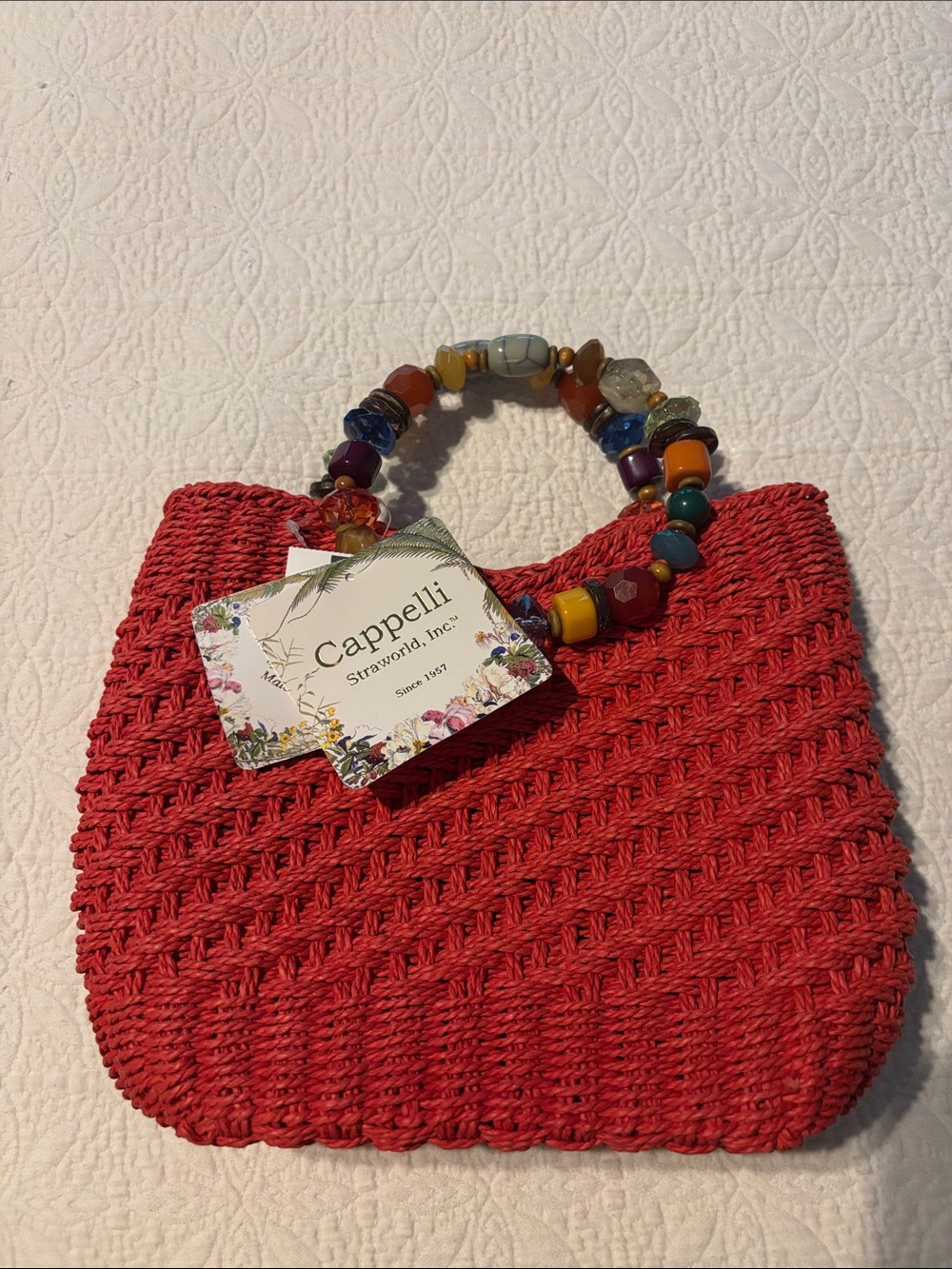 Cappelli Red Woven Mini Bag with Colorful Beaded Handles